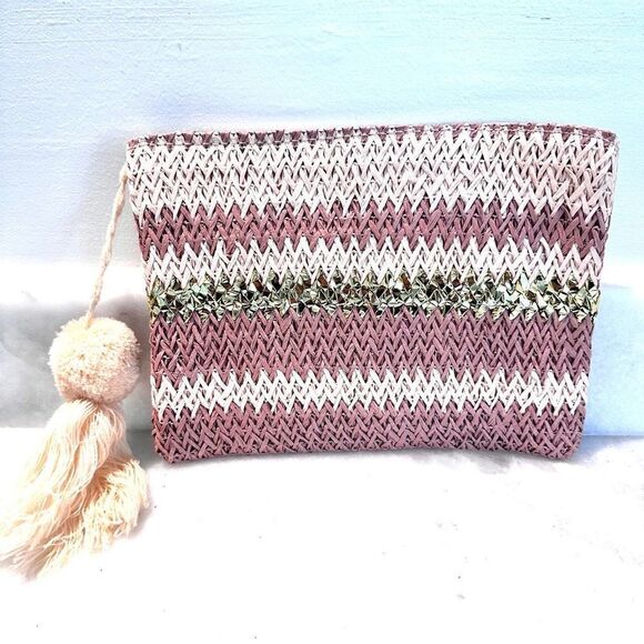 Shiraleah Woven Jute Zip Tassel With Metallic Detail Clutch Bag Pink Gold - Picture 1 of 5